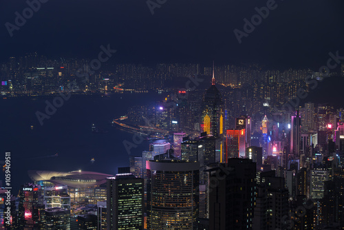Canvas Print Hongkong China 11.7.2023. Hongkong bay night cityscape skyline