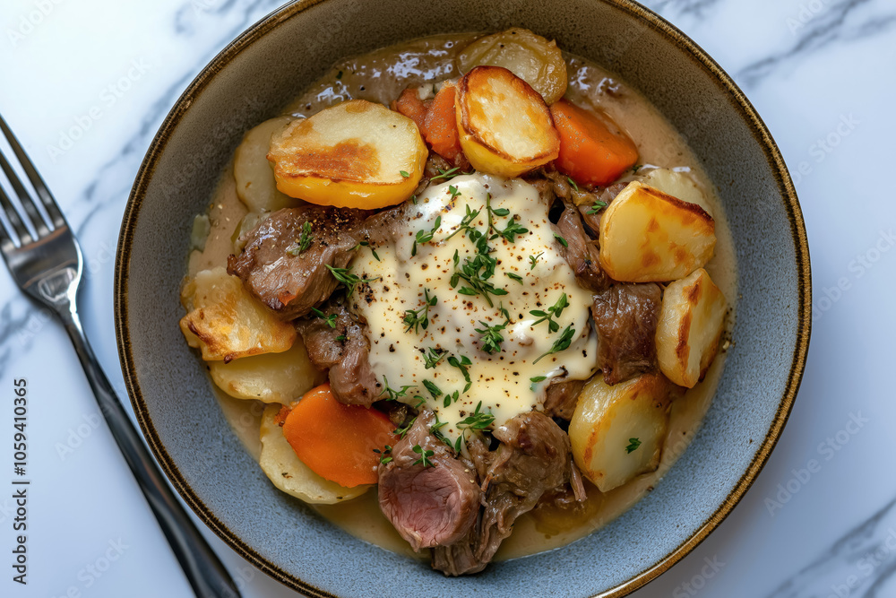 hearty welsh lamb hotpot with tender meat, golden potatoes, and rich gravy, topped with a dollop of sour cream and parsley, top view