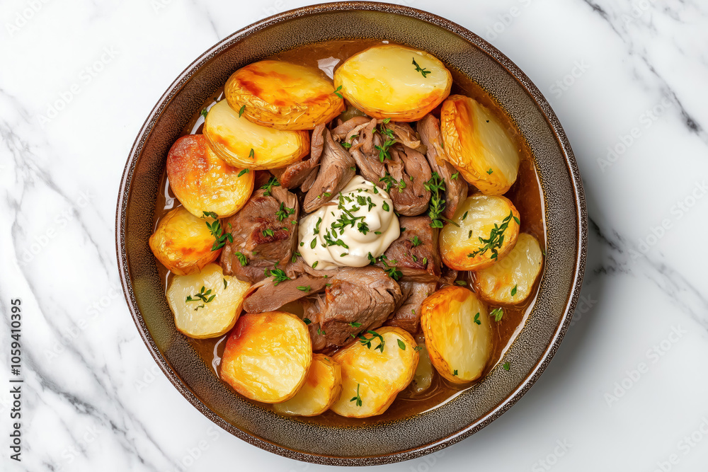 hearty welsh lamb hotpot with tender meat, golden potatoes, and rich gravy, topped with a dollop of sour cream and parsley, top view hearty welsh lamb hotpot with tender meat, golden potatoes, and rich gravy, topped with a dollop of sour cream and parsley, top view