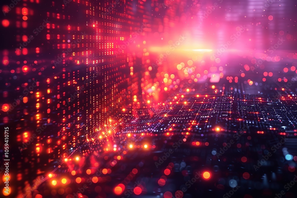 A computer generated image of a city with a bright red background