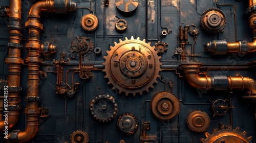 Unique steampunk style featuring gears, cogs, and pipes, designed of sci-fi and industrial aesthetics. black background.