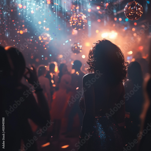 A bright and energetic photo of people dancing in a club. The scene captures their joyful expressions as they dance to the music at a disco. The atmosphere is filled with energy and excitement