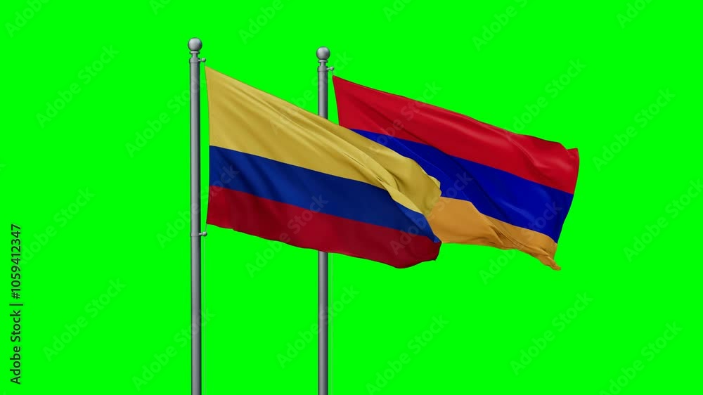Armenia and Colombia flags flying together, video concept of the relationship with colored chroma key for easy background remove, two country cooperation concept Armenia and Colombia flags flying together, video concept of the relationship with colored chroma key for easy background remove, two country cooperation concept