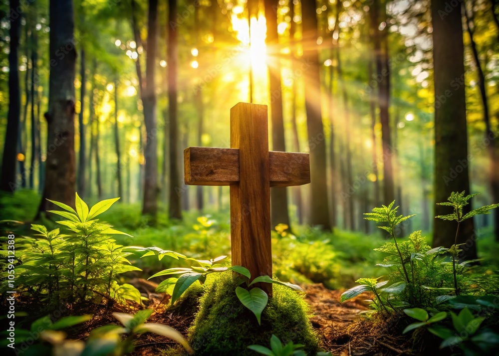 Serene Forest Scene with Wooden Cross Surrounded by Lush Greenery - Tranquil Nature Photography, Spiritual Symbolism, Peaceful Landscape, Natural Beauty, Outdoor Serenity Serene Forest Scene with Wooden Cross Surrounded by Lush Greenery - Tranquil Nature Photography, Spiritual Symbolism, Peaceful Landscape, Natural Beauty, Outdoor Serenity