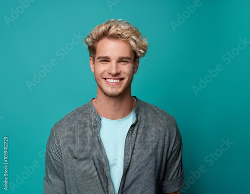 Happy Man Smiling Against Colorful Studio Background