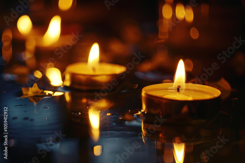 Two lit candles in a glass bowl, surrounded by water