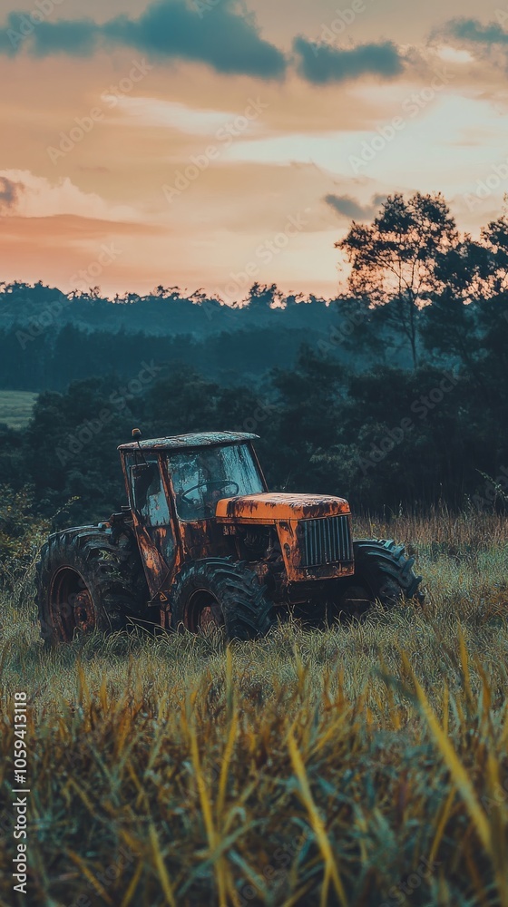 Fototapeta premium An old, rusty tractor is sitting in a field