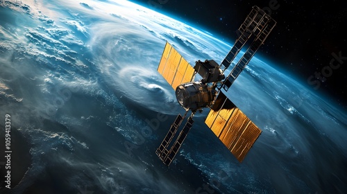 Realistic shot of a satellite floating above the Earth's surface, with the Earth in view and two hurricanes visible on its horizon.