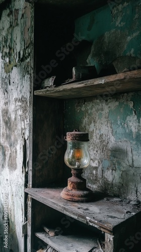 Lamp sits on a shelf in a room with peeling paint photo