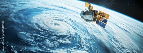 Realistic shot of a satellite floating above the Earth's surface, with the Earth in view and two hurricanes visible on its horizon.