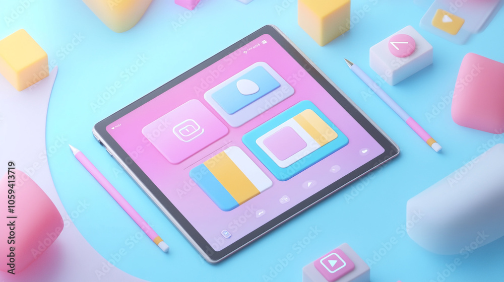 Dynamic 3D representation of social media content creation, featuring a tablet with editing tools and colorful post previews-2 Dynamic 3D representation of social media content creation, featuring a tablet with editing tools and colorful post previews-2