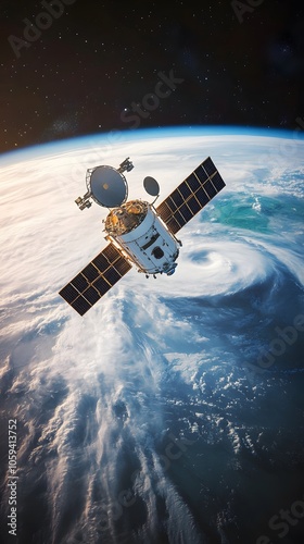 Realistic shot of a satellite floating above the Earth's surface, with the Earth in view and two hurricanes visible on its horizon.