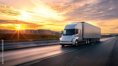 Transportation logistics at golden hour with semi-truck on highway, fast delivery, commercial freight, road travel, industry, sunset, dynamic.