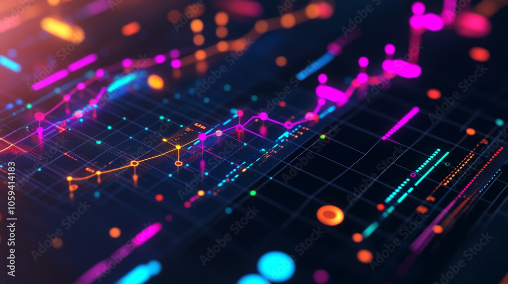 Fototapeta premium Dynamic visualization of marketing performance metrics and strategic opportunities using colorful data points and graphs-3