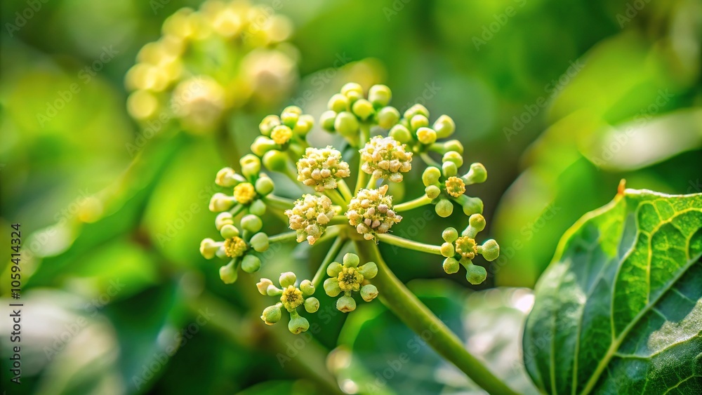 Aerial view of Cissus quadrangularis flower in garden with green blur background Aerial view of Cissus quadrangularis flower in garden with green blur background