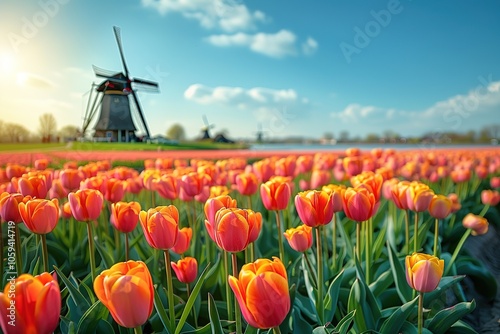A field of orange tulips with a windmill in the background