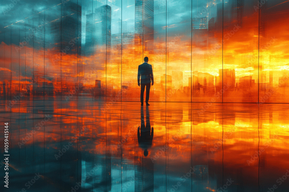 Silhouette of businessman viewing cityscape with fiery sunset reflections Silhouette of businessman viewing cityscape with fiery sunset reflections