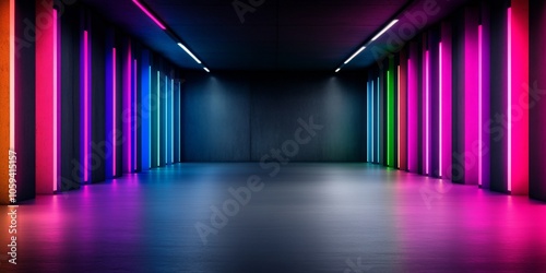 Cyberpunk parking with green and purple accents on a gray background: Concrete walls and columns are decorated with neon green and purple stripes. 