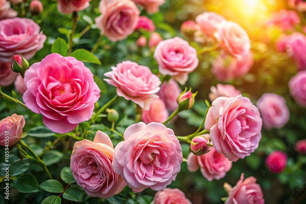 Aerial view of pink roses in a garden on bright morning Aerial view of pink roses in a garden on bright morning