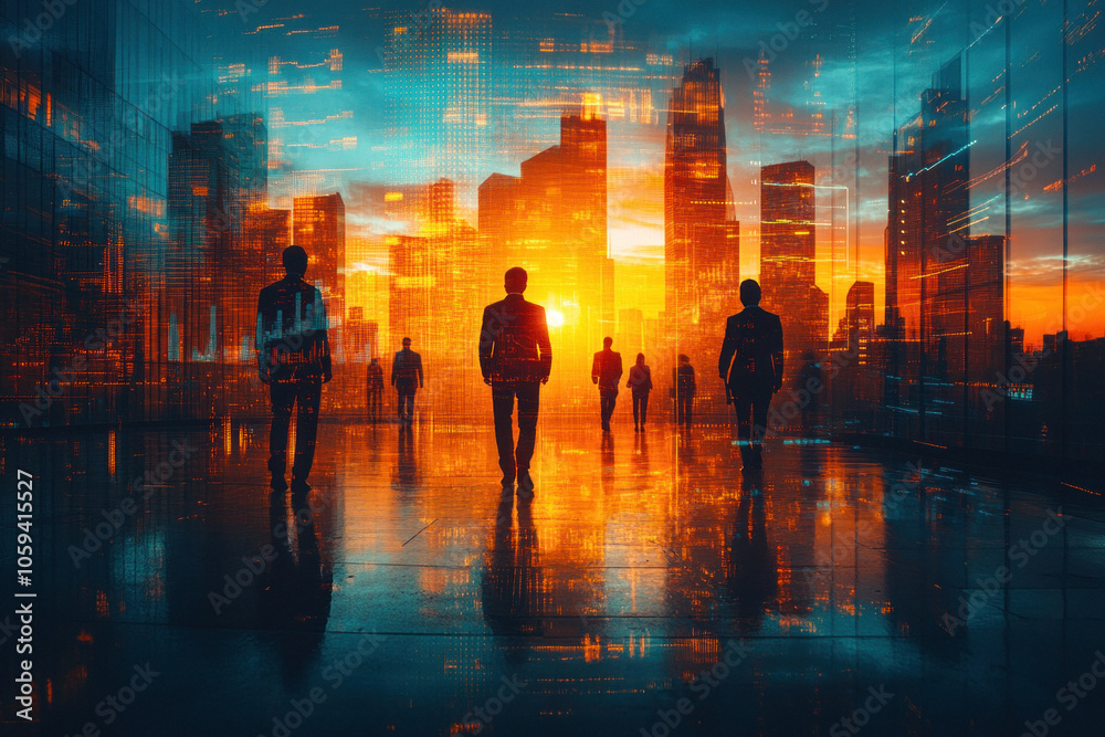 Silhouettes of business people with digital cityscape in sunset Silhouettes of business people with digital cityscape in sunset