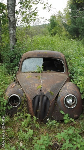 An old, rusted car is sitting in a field of grass photo