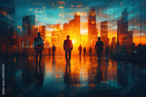 Silhouettes of business people with digital cityscape in sunset