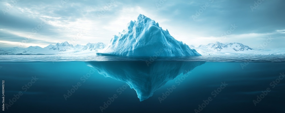 Large iceberg floating in the ocean, showing the tip and the hidden part underwater Large iceberg floating in the ocean, showing the tip and the hidden part underwater