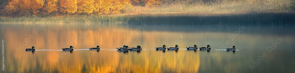Tranquil ducks on misty water at sunrise, golden hues Tranquil ducks on misty water at sunrise, golden hues