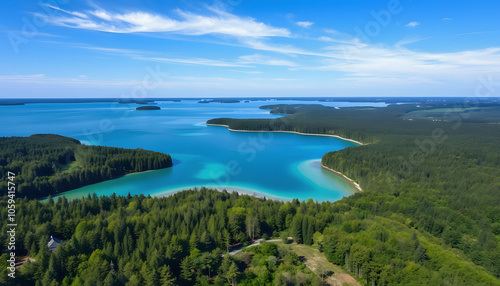 Drone view of Silkeborg Lake, Denmark, showcasing lush forests and vibrant blue waters isolated with white shades, png