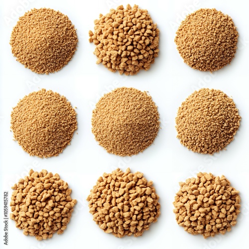 Nine piles of brown sugar on a white background.