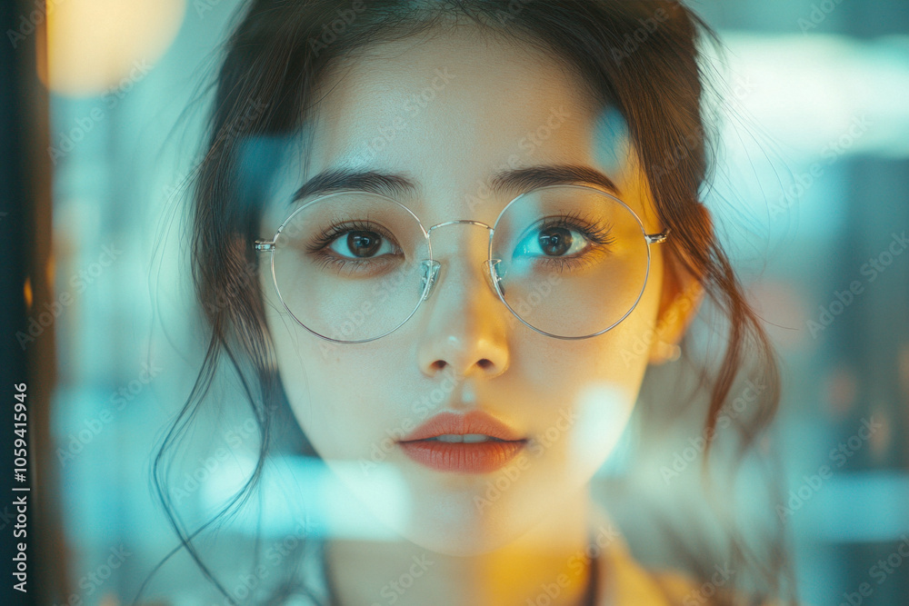 Close-up portrait of Asian woman with glasses in reflective ambiance Close-up portrait of Asian woman with glasses in reflective ambiance