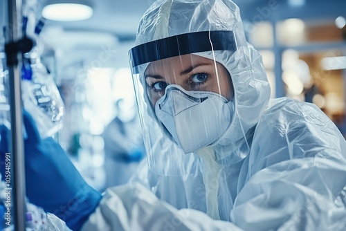 Focused scientist in PPE conducting research in lab photo