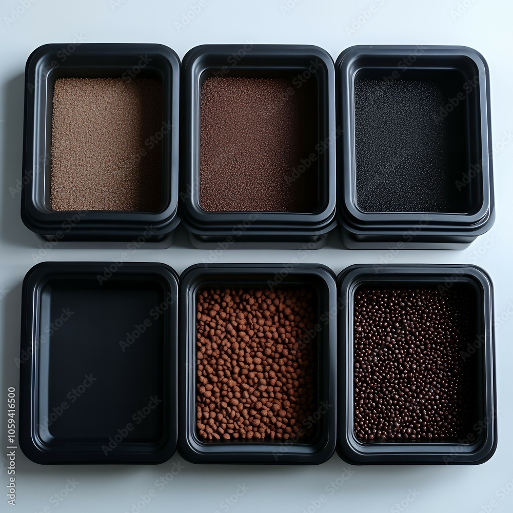 Fototapeta premium Assortment of six different colored granules in black containers.