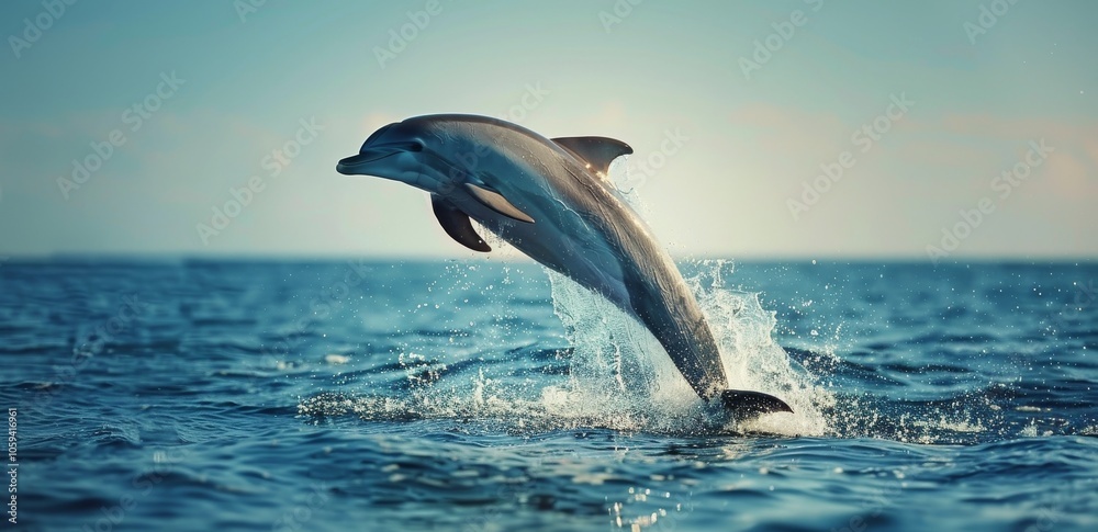 Fototapeta premium A Dolphin Leaps From The Ocean On A Sunny Day