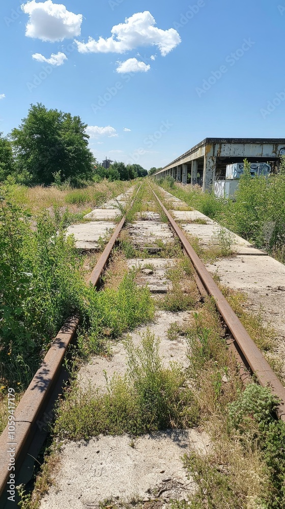 The train tracks are overgrown with weeds and grass The train tracks are overgrown with weeds and grass