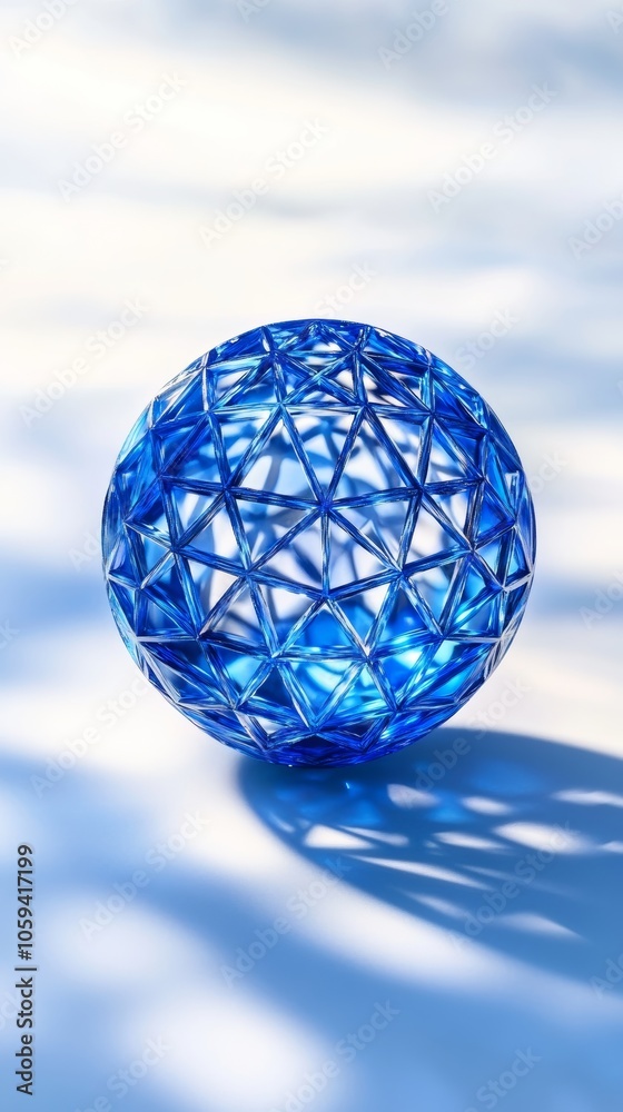 Blue transparent polygonal sphere casting shadow on white surface Blue transparent polygonal sphere casting shadow on white surface