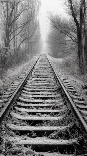 Train track is shown in the snow, with the tracks covered in snow