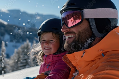 A father and daughter duo smiling happily as they ski together in the snow-covered mountains, capturing the essence of family, adventure, and winter sports. Great for outdoor activity content. photo