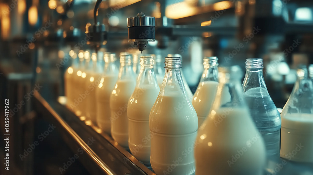 Fototapeta premium W fabryce produktów mleczarskich widoczna jest linia napełniania butelek mleka.