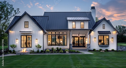 Modern Farmhouse With Black Windows and Metal Roof at Dusk