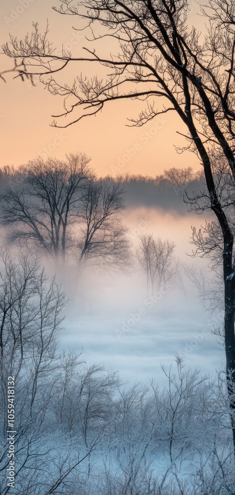 Misty winter morning in a dark forest with fog and muted colors at dawn Misty winter morning in a dark forest with fog and muted colors at dawn