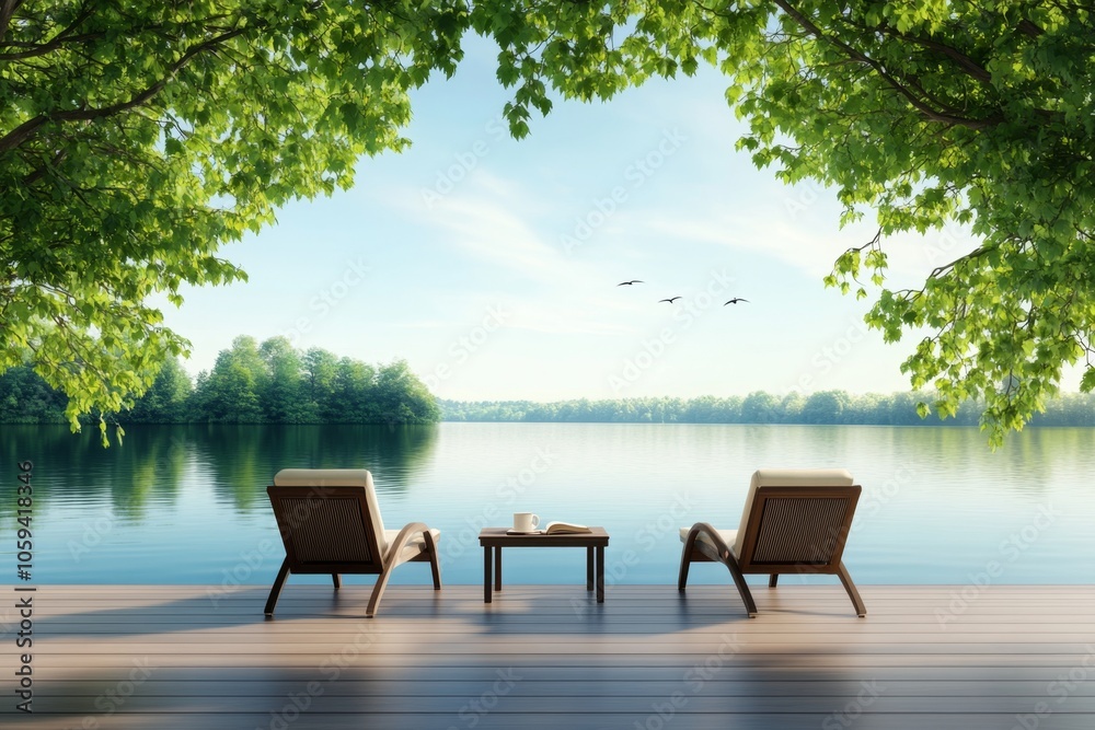 a summer terrace with cozy loungers overlooking a calm lake, bright blue sky reflecting on the water, nearby trees casting soft shadows on the deck, small table with a book and coffee cup a summer terrace with cozy loungers overlooking a calm lake, bright blue sky reflecting on the water, nearby trees casting soft shadows on the deck, small table with a book and coffee cup