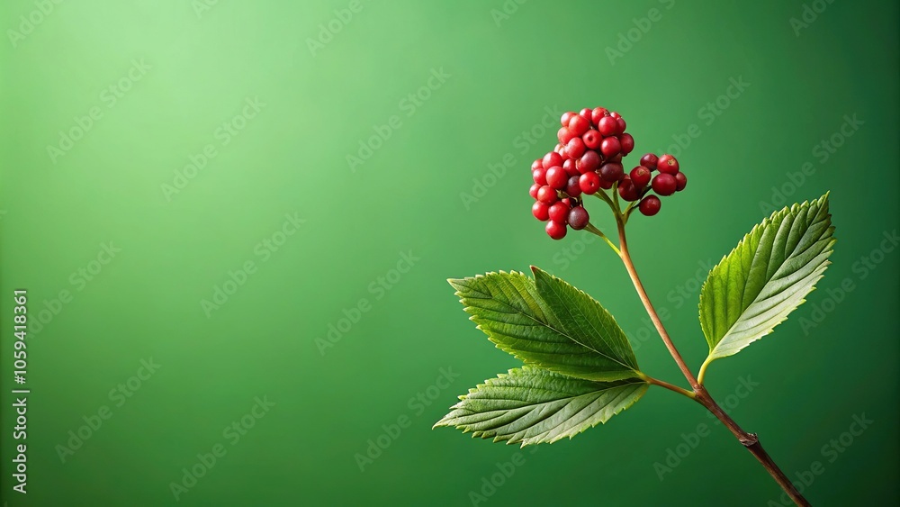 A single stem with leaves and berries in shades of green against a plain green background, organic, botanical, nature A single stem with leaves and berries in shades of green against a plain green background, organic, botanical, nature