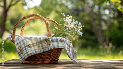 Basket with tablecloth on wooden table in garden setting. Spring theme for design display. photo