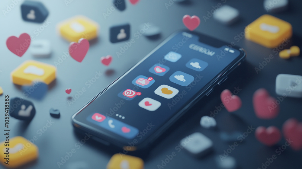 Interactive 3D scene of a smartphone surrounded by floating social media icons, displaying likes, shares, and comments-1 Interactive 3D scene of a smartphone surrounded by floating social media icons, displaying likes, shares, and comments-1