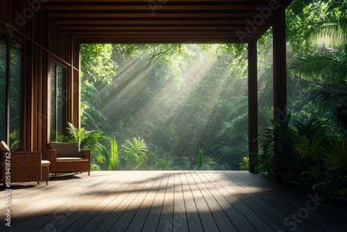 open-air bungalow with a spacious wooden terrace, surrounded by dense green rainforest, warm sunlight filtering through the canopy, wooden deck adorned with cozy rattan furniture and tropical plants photo