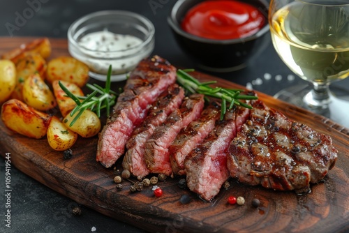 Grilled Steak With Rosemary and Potatoes on a Wooden Cutting Board