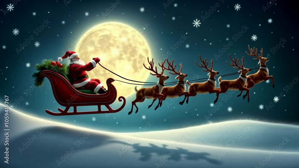 Santa Claus flies in a sleigh full of gifts, pulled by reindeer against the backdrop of a full moon on Christmas night. Santa Claus flies in a sleigh full of gifts, pulled by reindeer against the backdrop of a full moon on Christmas night.