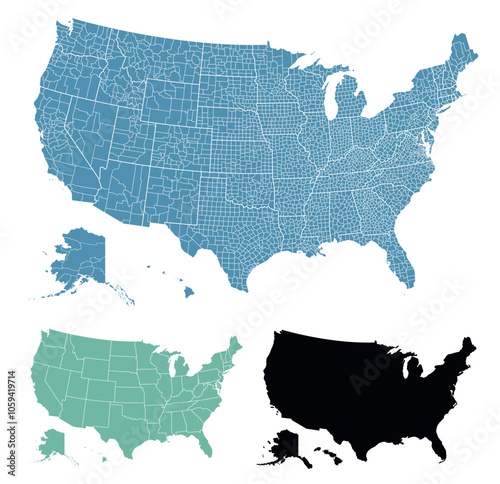 Set maps of Usa with states, borders