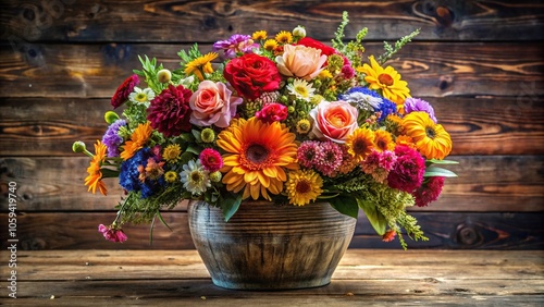 Wallpaper Mural A sprawling bouquet of fresh colorful flowers arranged in a rustic wooden vase on a vintage table, blooms, florals Torontodigital.ca